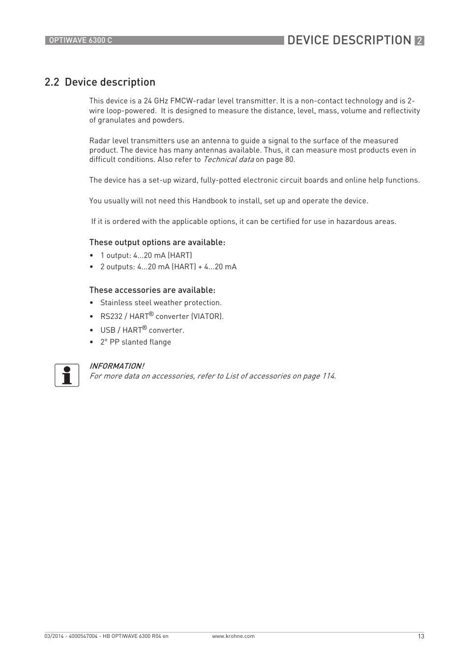 Device description, 2 device description | KROHNE OPTIWAVE 6300C EN User Manual | Page 13 / 120