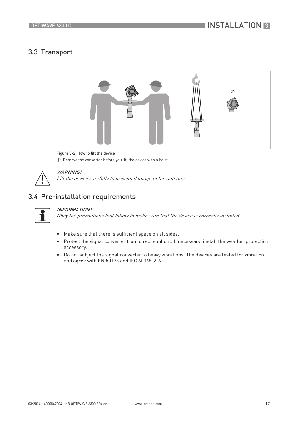 Installation, 3 transport 3.4 pre-installation requirements | KROHNE OPTIWAVE 6300C EN User Manual | Page 17 / 120