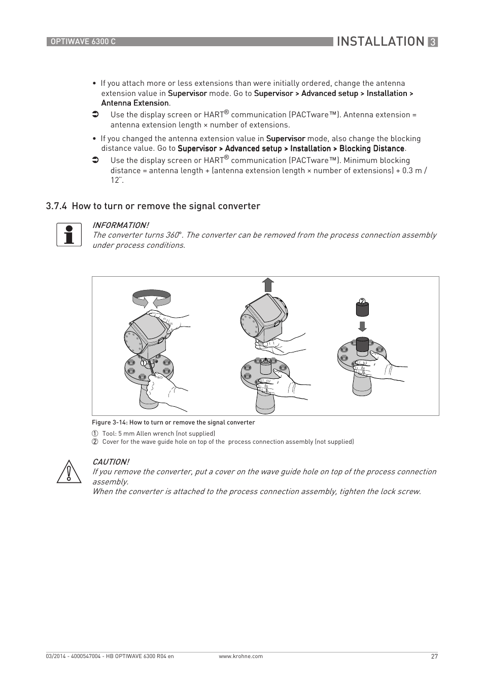 Installation, 4 how to turn or remove the signal converter | KROHNE OPTIWAVE 6300C EN User Manual | Page 27 / 120