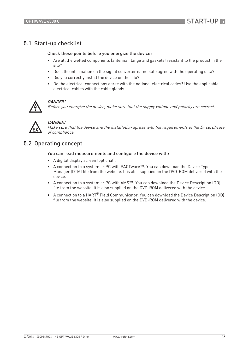 Start-up, 1 start-up checklist, 2 operating concept | KROHNE OPTIWAVE 6300C EN User Manual | Page 35 / 120