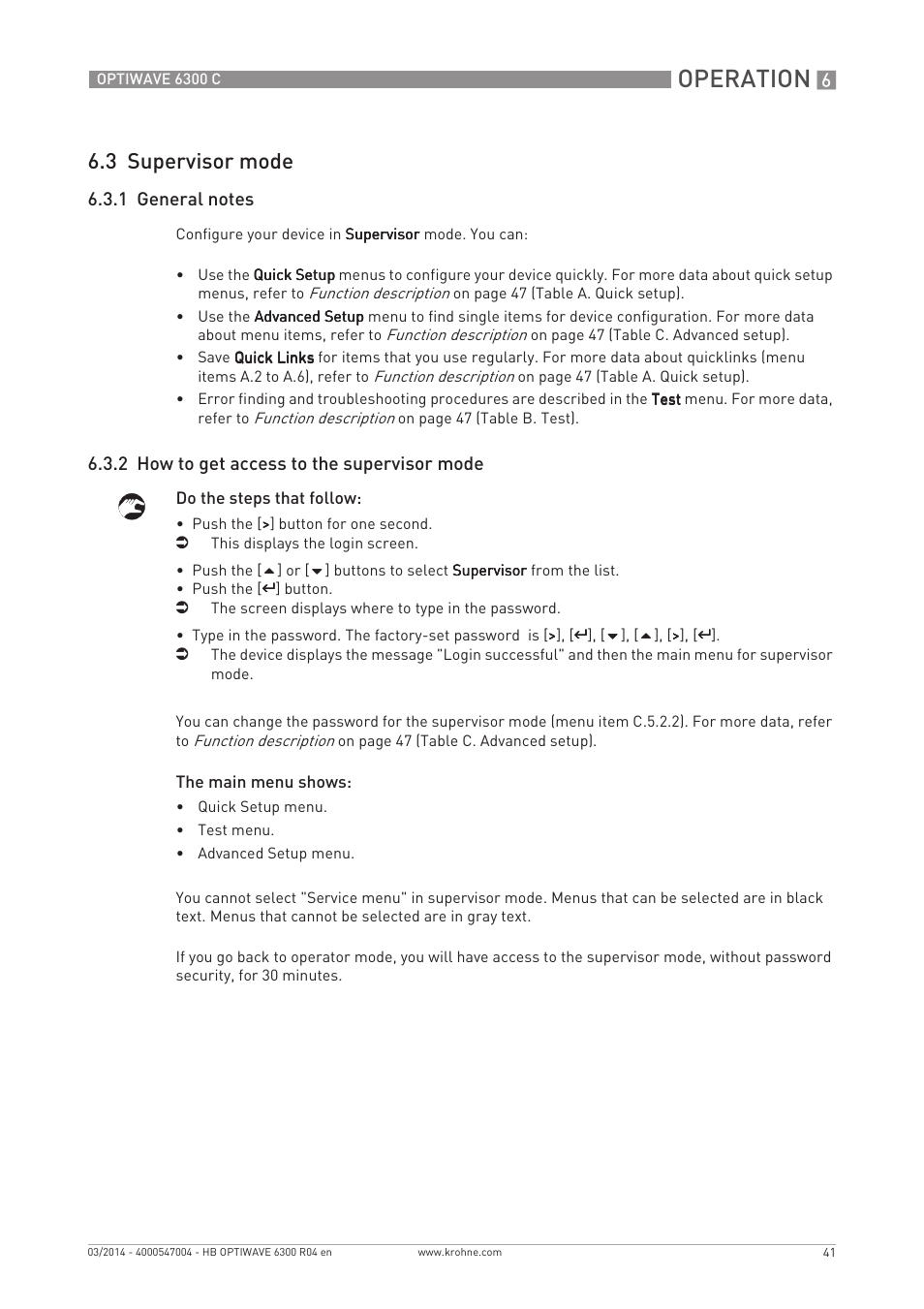 Operation, 3 supervisor mode, 2 how to get access to the supervisor mode | KROHNE OPTIWAVE 6300C EN User Manual | Page 41 / 120
