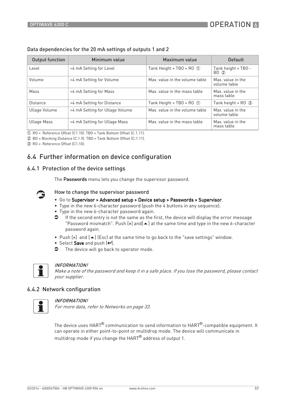 Operation, 4 further information on device configuration, 1 protection of the device settings | 2 network configuration | KROHNE OPTIWAVE 6300C EN User Manual | Page 57 / 120