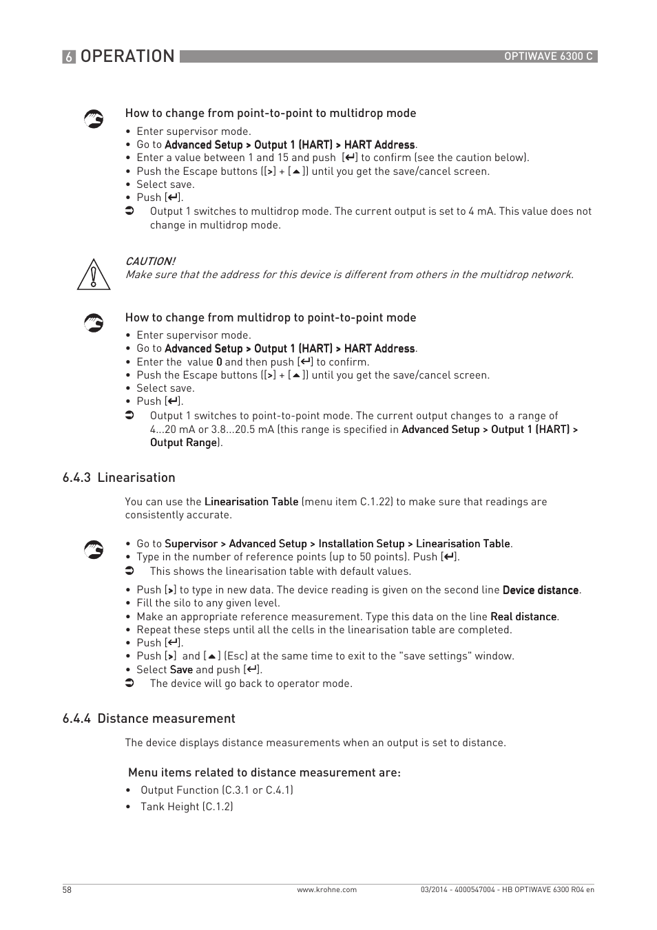 Operation, 3 linearisation, 4 distance measurement | KROHNE OPTIWAVE 6300C EN User Manual | Page 58 / 120