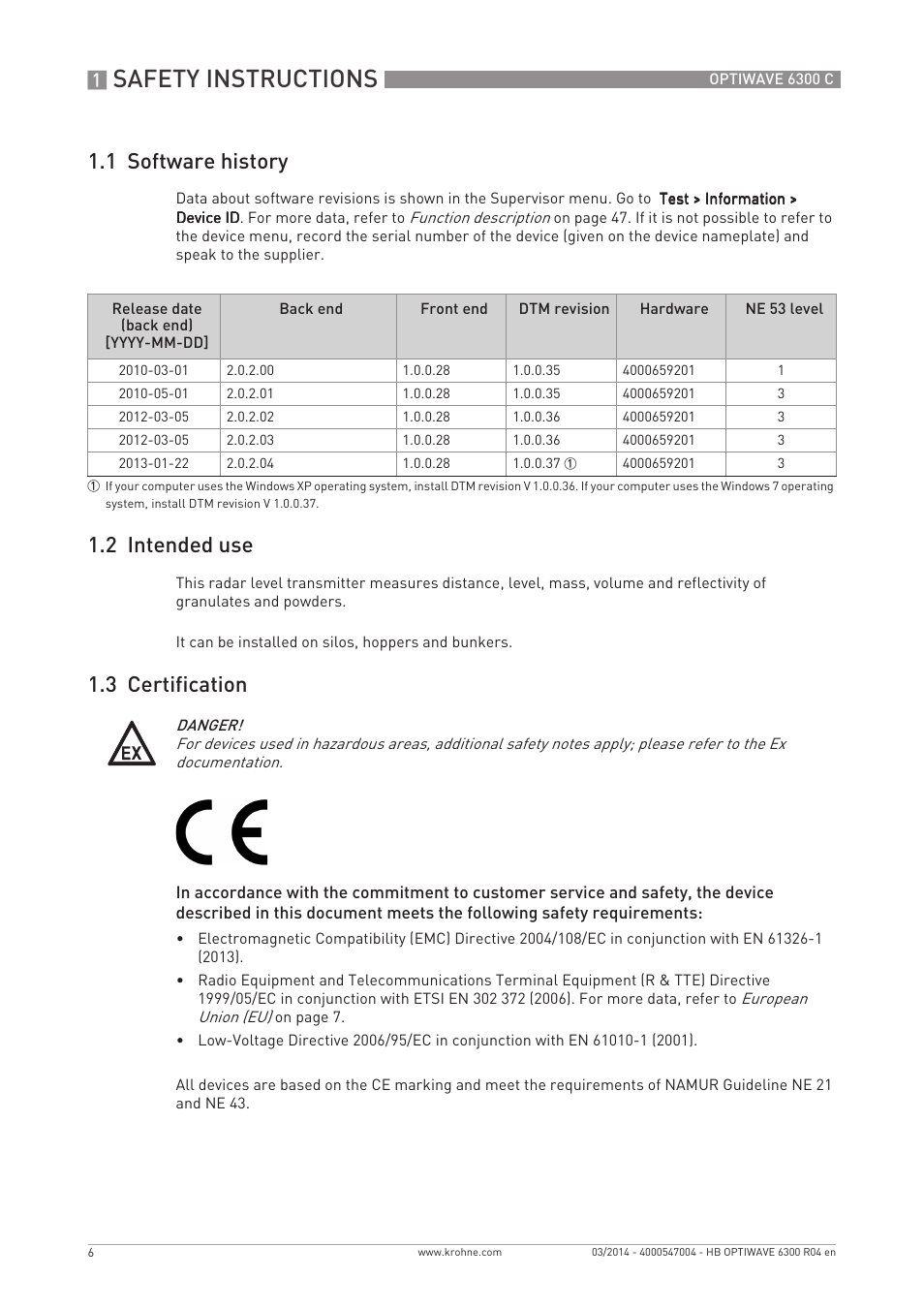 Safety instructions, 1 software history, 2 intended use | 3 certification | KROHNE OPTIWAVE 6300C EN User Manual | Page 6 / 120