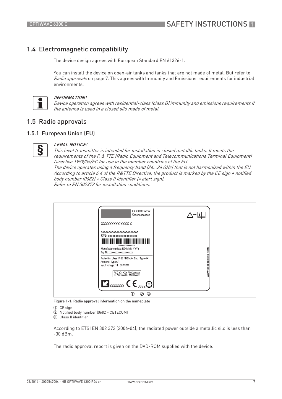 Safety instructions, 4 electromagnetic compatibility, 5 radio approvals | KROHNE OPTIWAVE 6300C EN User Manual | Page 7 / 120