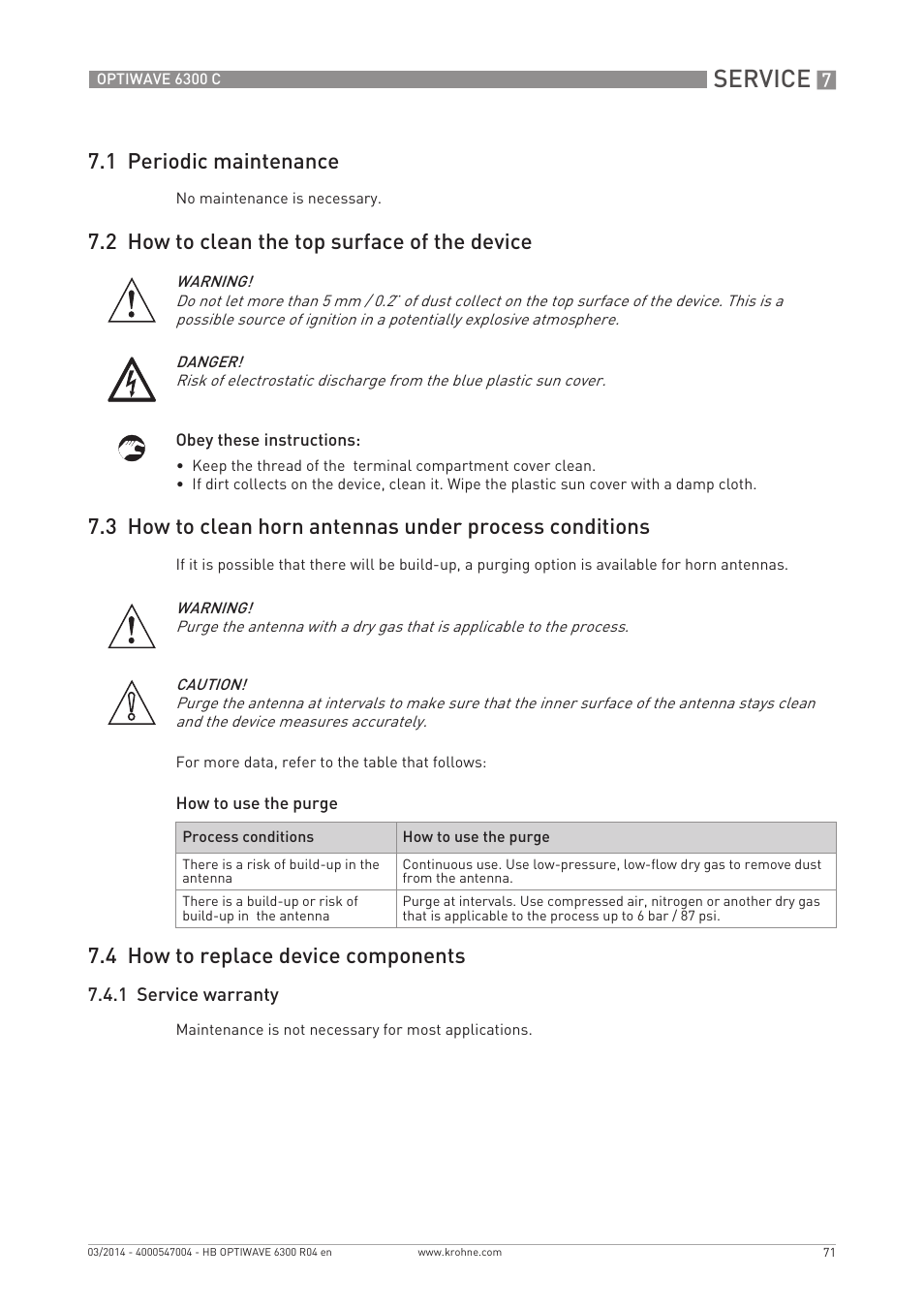 Service, 1 periodic maintenance, 2 how to clean the top surface of the device | 4 how to replace device components | KROHNE OPTIWAVE 6300C EN User Manual | Page 71 / 120