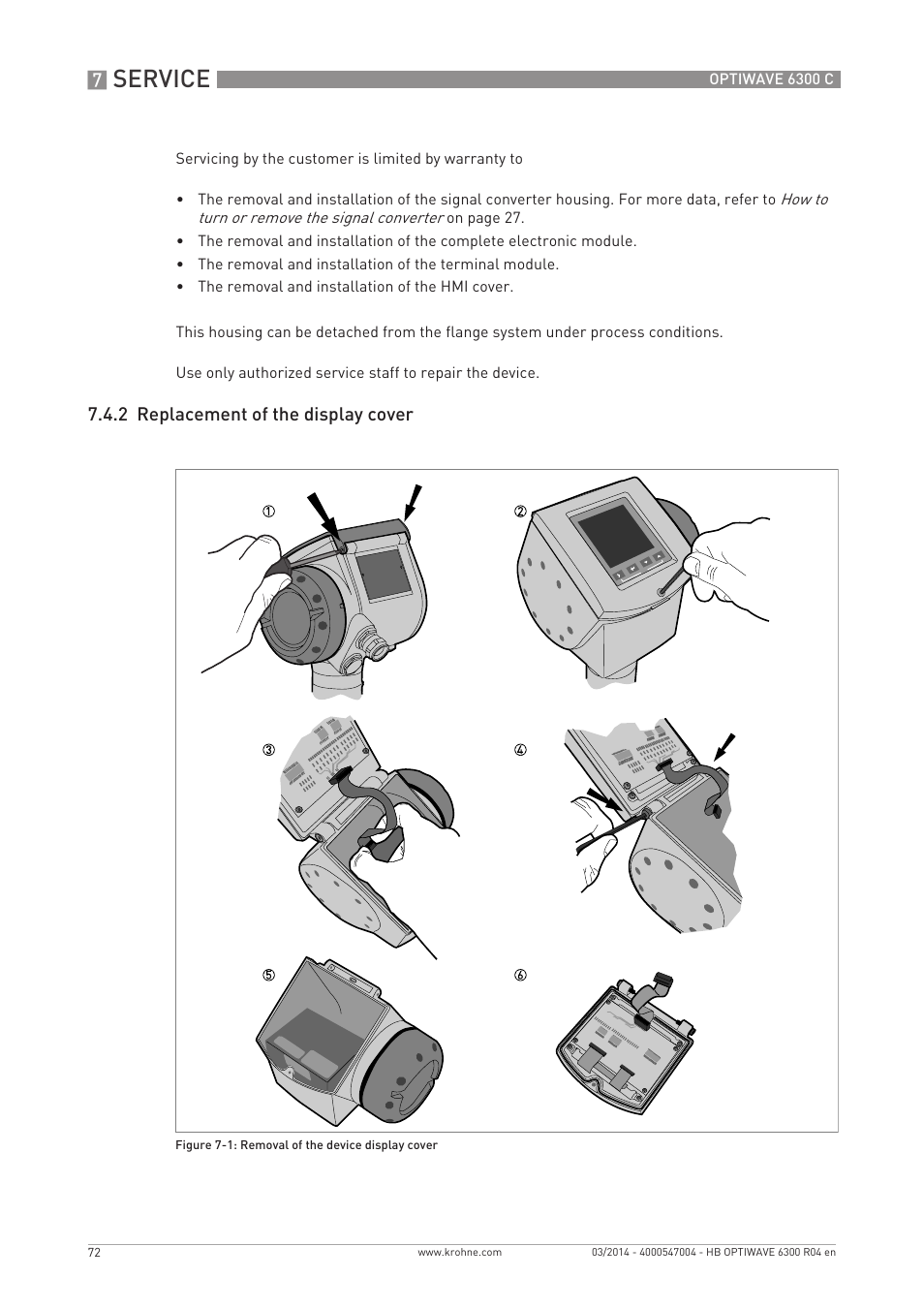 Service, 2 replacement of the display cover | KROHNE OPTIWAVE 6300C EN User Manual | Page 72 / 120