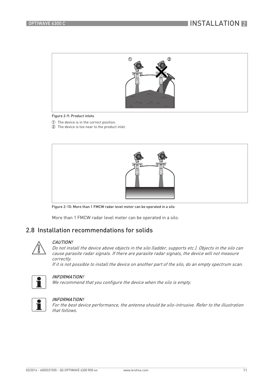 Installation, 8 installation recommendations for solids | KROHNE OPTIWAVE 6300C Quickstart EN User Manual | Page 11 / 28