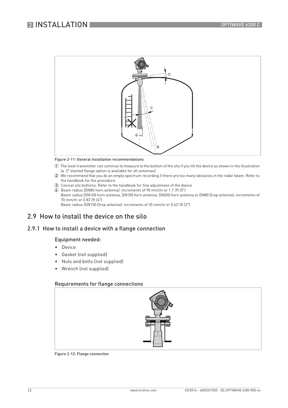 Installation, 9 how to install the device on the silo, 1 how to install a device with a flange connection | KROHNE OPTIWAVE 6300C Quickstart EN User Manual | Page 12 / 28