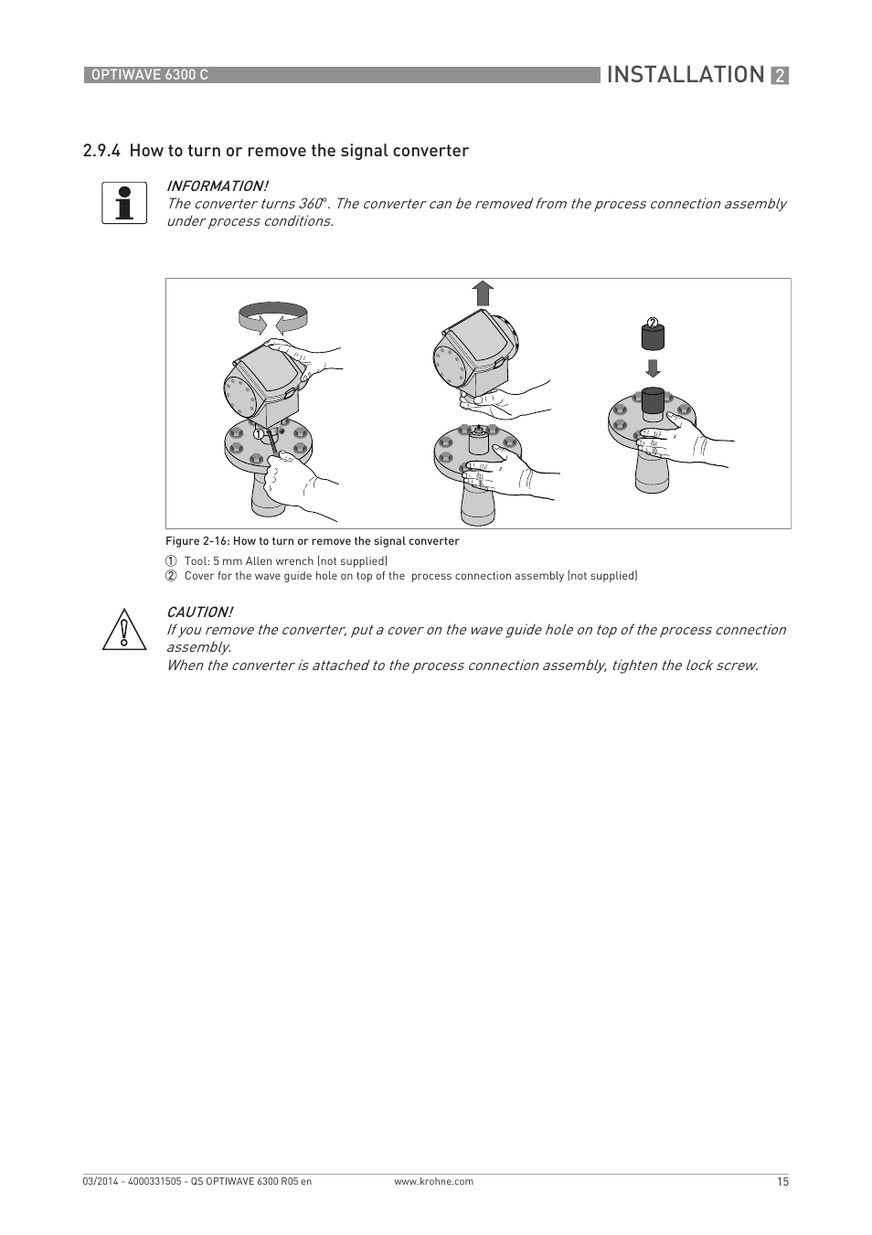 Installation, 4 how to turn or remove the signal converter | KROHNE OPTIWAVE 6300C Quickstart EN User Manual | Page 15 / 28