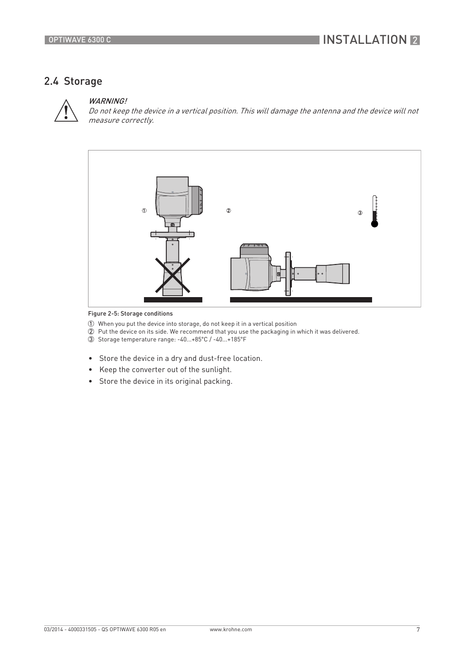 Installation, 4 storage | KROHNE OPTIWAVE 6300C Quickstart EN User Manual | Page 7 / 28