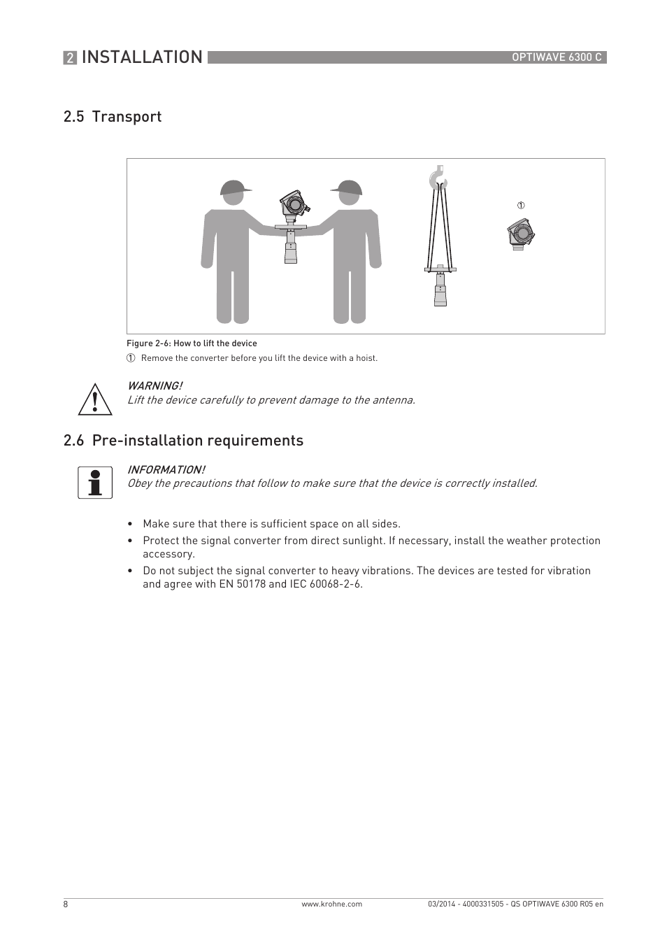 Installation, 5 transport 2.6 pre-installation requirements | KROHNE OPTIWAVE 6300C Quickstart EN User Manual | Page 8 / 28