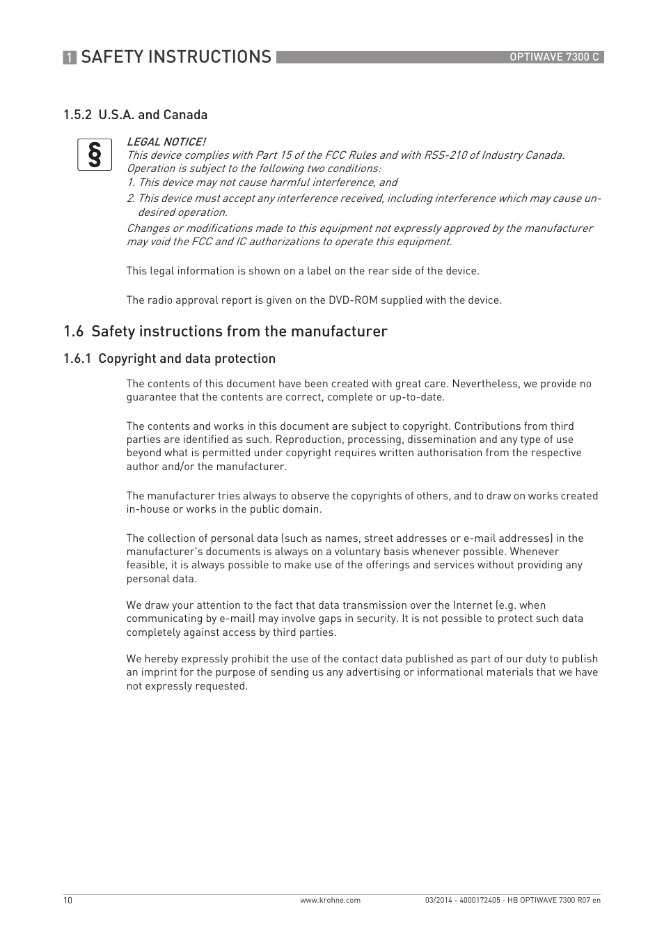 Safety instructions, 6 safety instructions from the manufacturer | KROHNE OPTIWAVE 7300C EN User Manual | Page 10 / 136