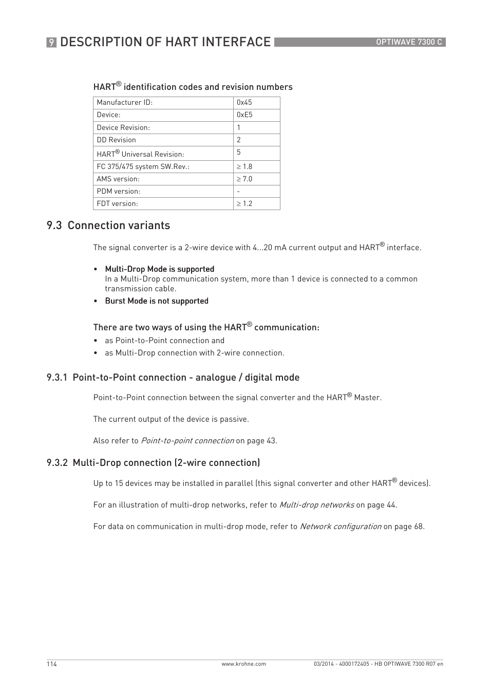 Description of hart interface, 3 connection variants, 2 multi-drop connection (2-wire connection) | KROHNE OPTIWAVE 7300C EN User Manual | Page 114 / 136