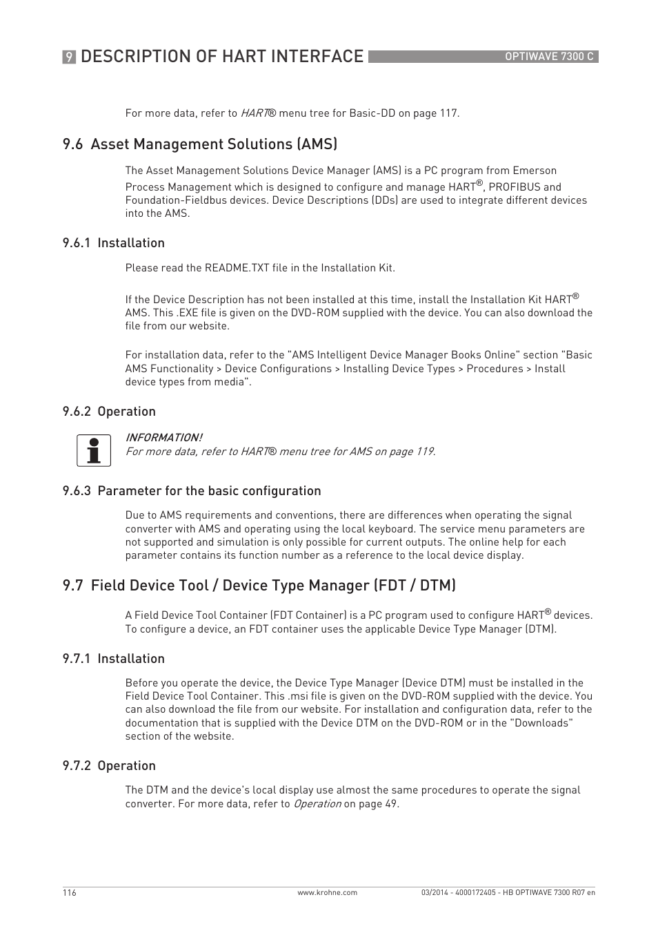 Description of hart interface, 6 asset management solutions (ams) | KROHNE OPTIWAVE 7300C EN User Manual | Page 116 / 136