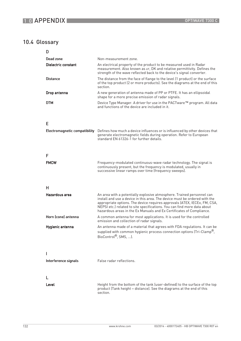 Appendix, 4 glossary | KROHNE OPTIWAVE 7300C EN User Manual | Page 132 / 136