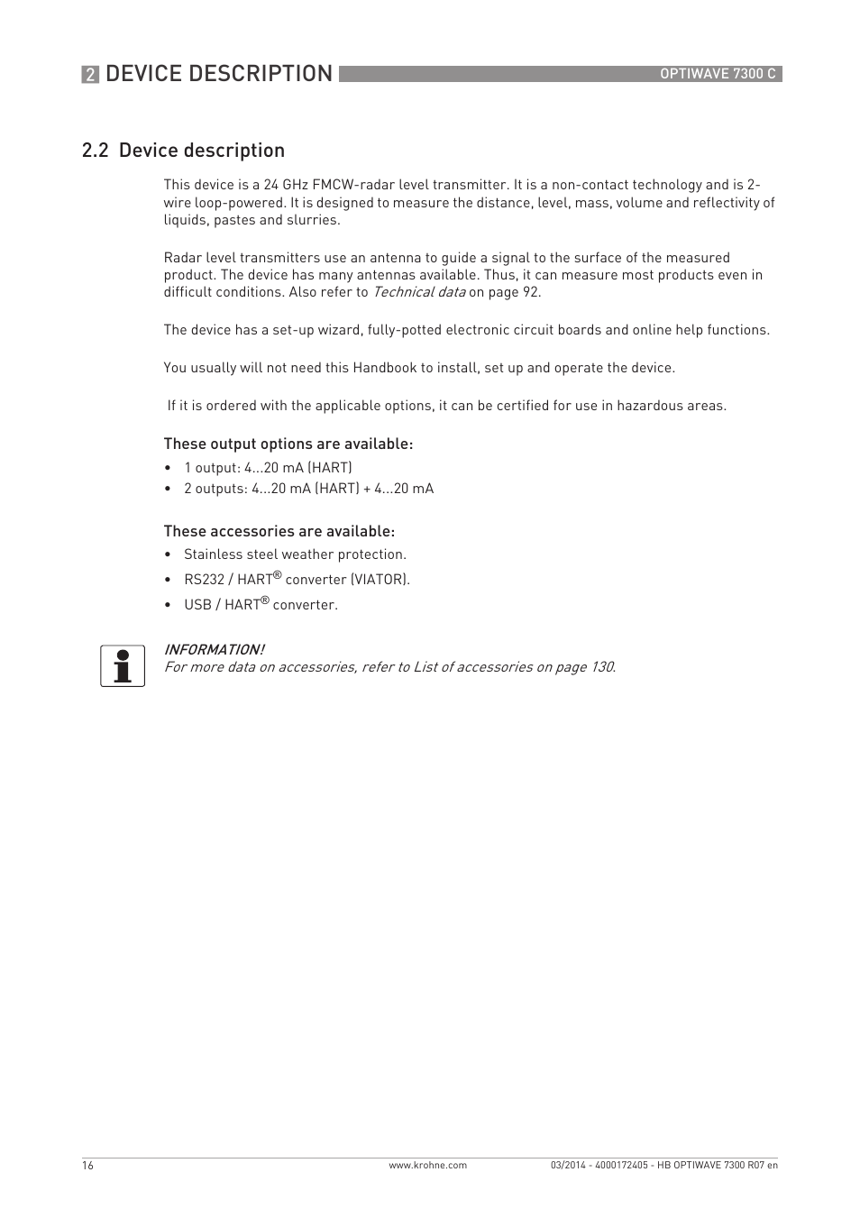 Device description, 2 device description | KROHNE OPTIWAVE 7300C EN User Manual | Page 16 / 136
