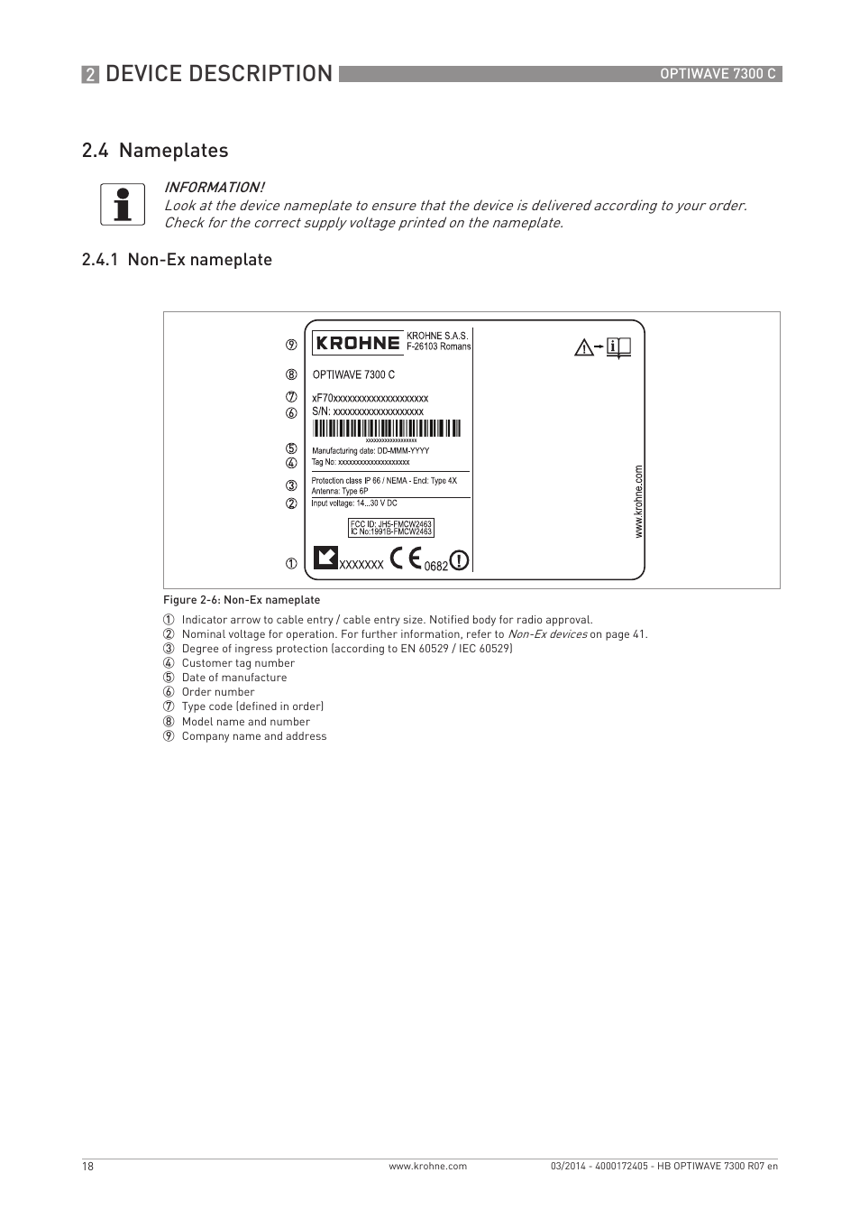 Device description, 4 nameplates, 1 non-ex nameplate | KROHNE OPTIWAVE 7300C EN User Manual | Page 18 / 136