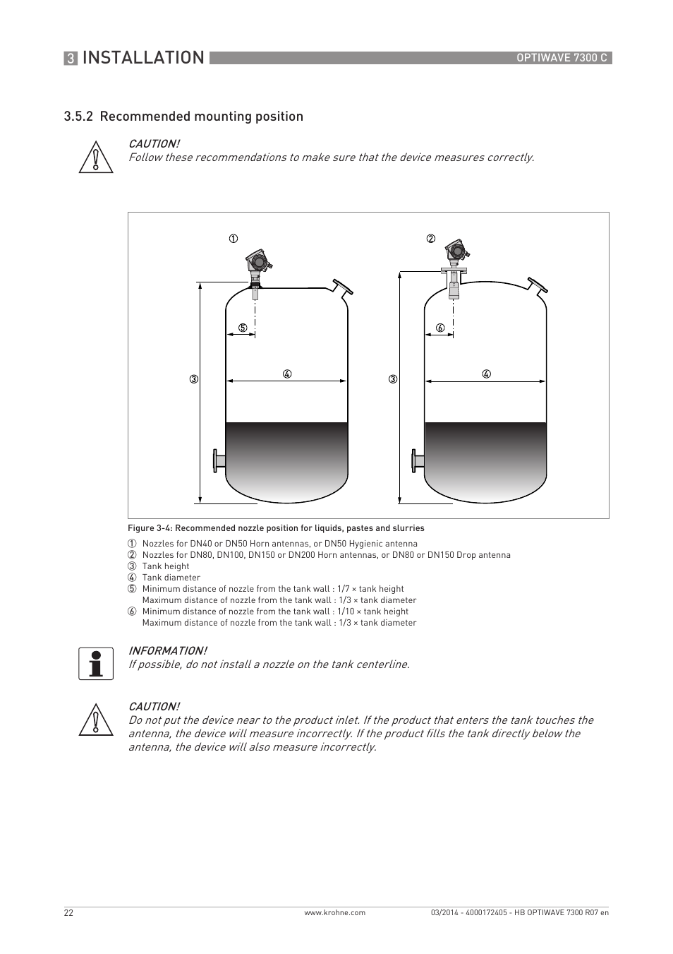 Installation, 2 recommended mounting position | KROHNE OPTIWAVE 7300C EN User Manual | Page 22 / 136