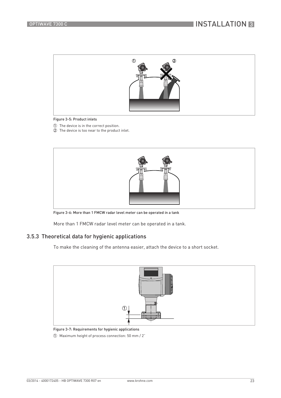 Installation, 3 theoretical data for hygienic applications | KROHNE OPTIWAVE 7300C EN User Manual | Page 23 / 136