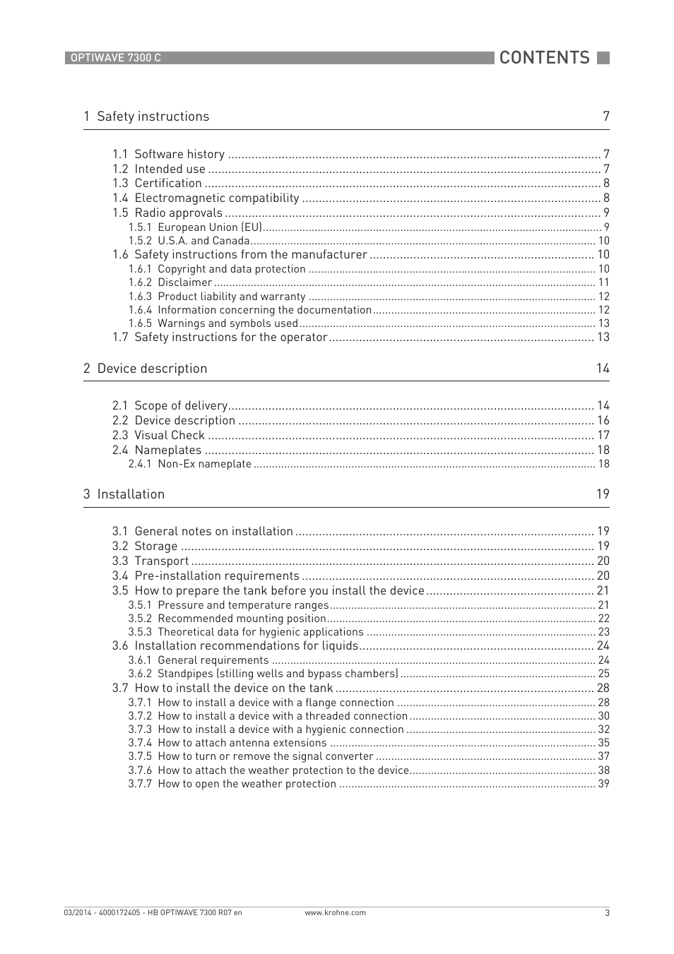 KROHNE OPTIWAVE 7300C EN User Manual | Page 3 / 136