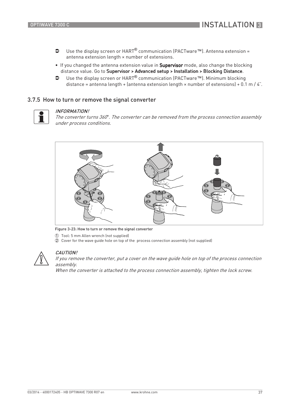 Installation, 5 how to turn or remove the signal converter | KROHNE OPTIWAVE 7300C EN User Manual | Page 37 / 136