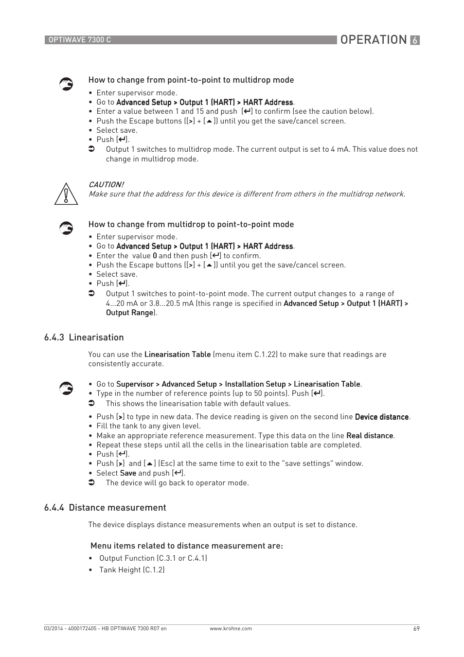 Operation, 3 linearisation, 4 distance measurement | KROHNE OPTIWAVE 7300C EN User Manual | Page 69 / 136