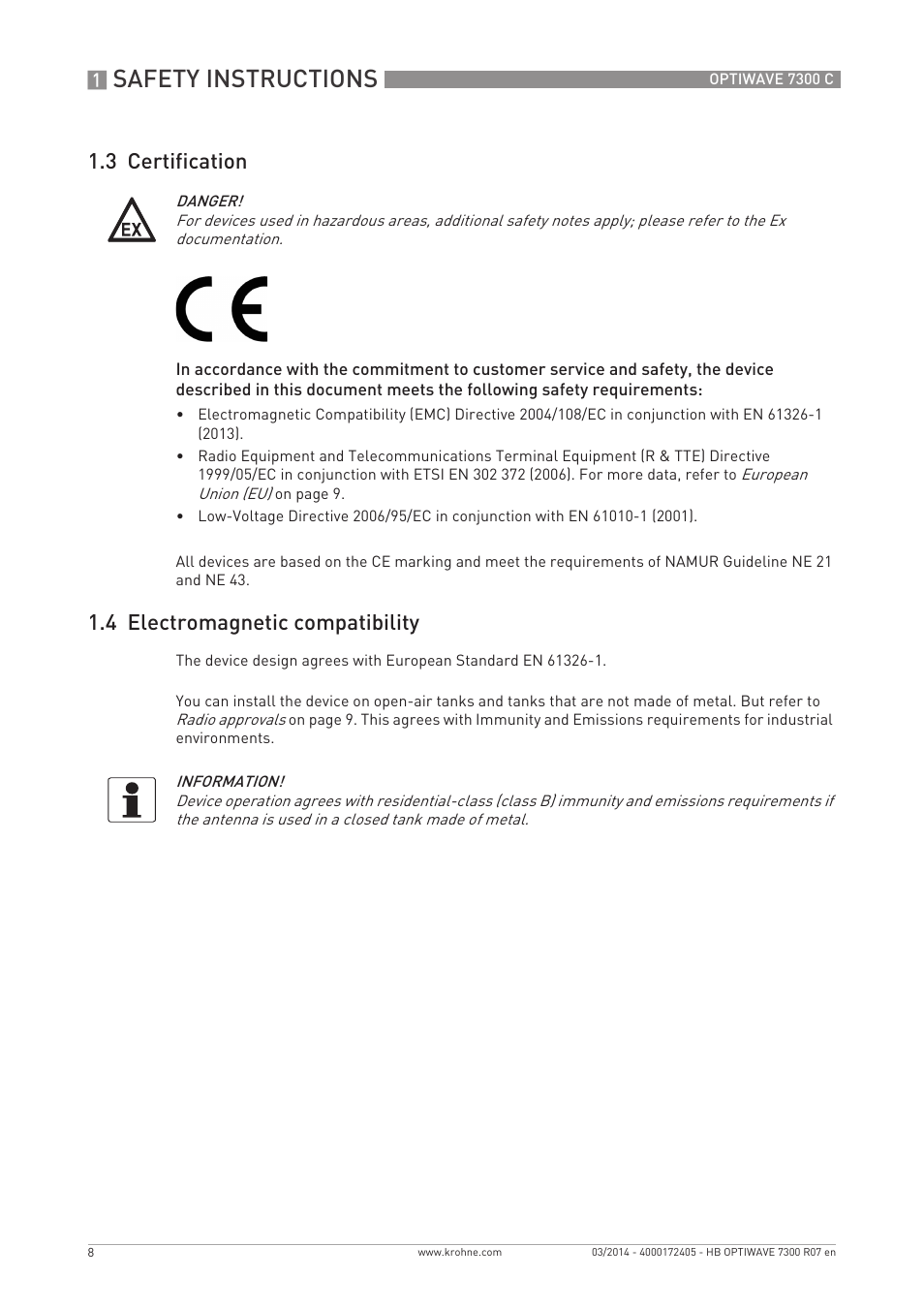 Safety instructions, 3 certification, 4 electromagnetic compatibility | KROHNE OPTIWAVE 7300C EN User Manual | Page 8 / 136