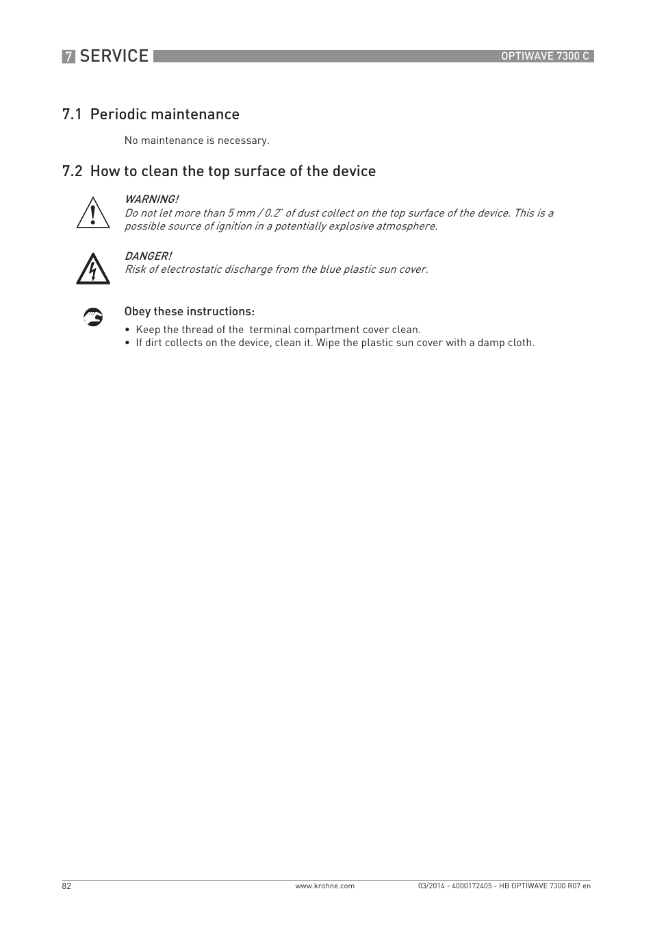 Service, 1 periodic maintenance, 2 how to clean the top surface of the device | KROHNE OPTIWAVE 7300C EN User Manual | Page 82 / 136
