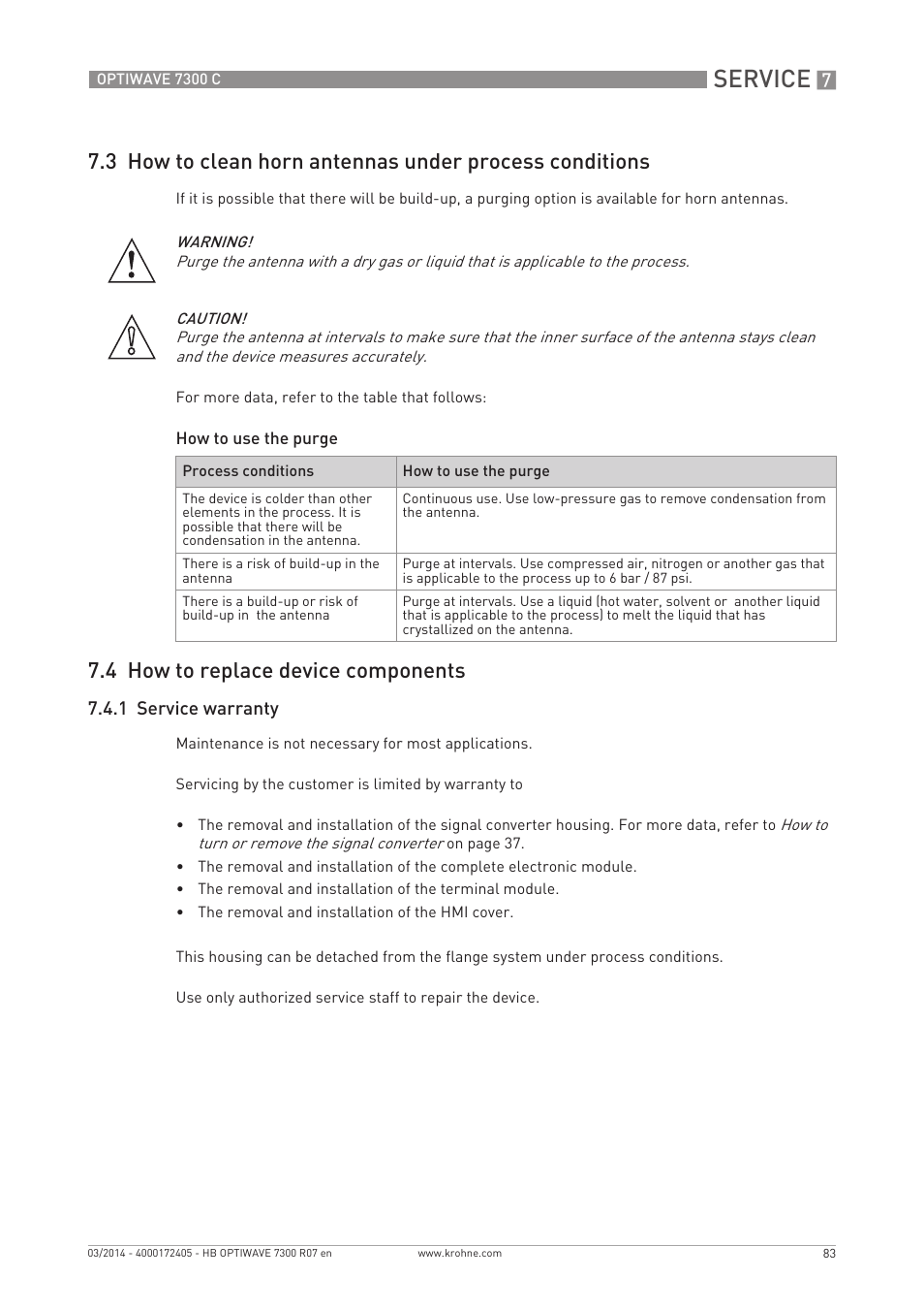 Service, 4 how to replace device components, 1 service warranty | KROHNE OPTIWAVE 7300C EN User Manual | Page 83 / 136