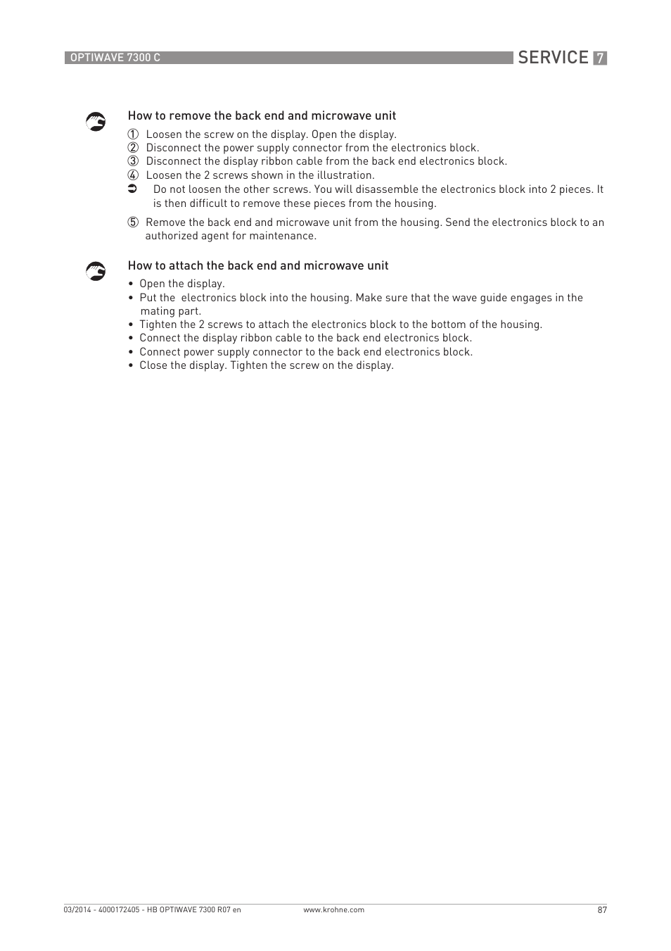 Service | KROHNE OPTIWAVE 7300C EN User Manual | Page 87 / 136