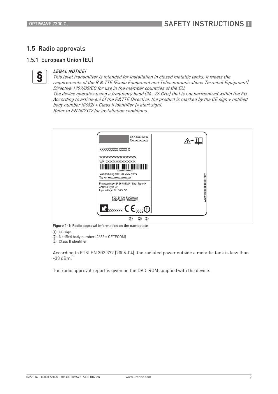 Safety instructions, 5 radio approvals | KROHNE OPTIWAVE 7300C EN User Manual | Page 9 / 136