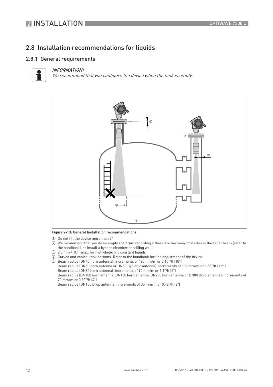 Installation, 8 installation recommendations for liquids, 1 general requirements | KROHNE OPTIWAVE 7300C Quickstart EN User Manual | Page 12 / 32