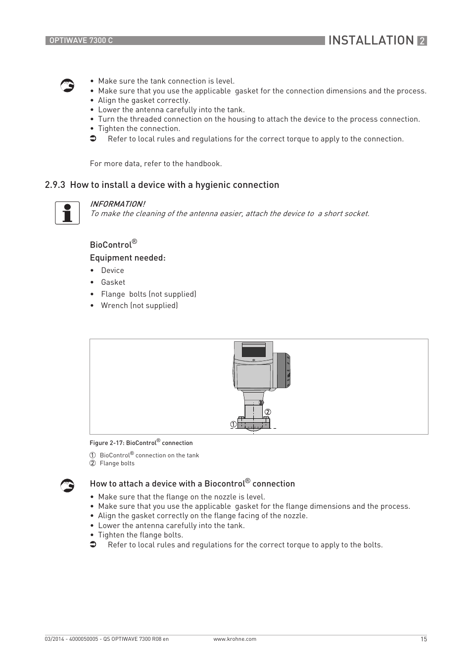 Installation | KROHNE OPTIWAVE 7300C Quickstart EN User Manual | Page 15 / 32