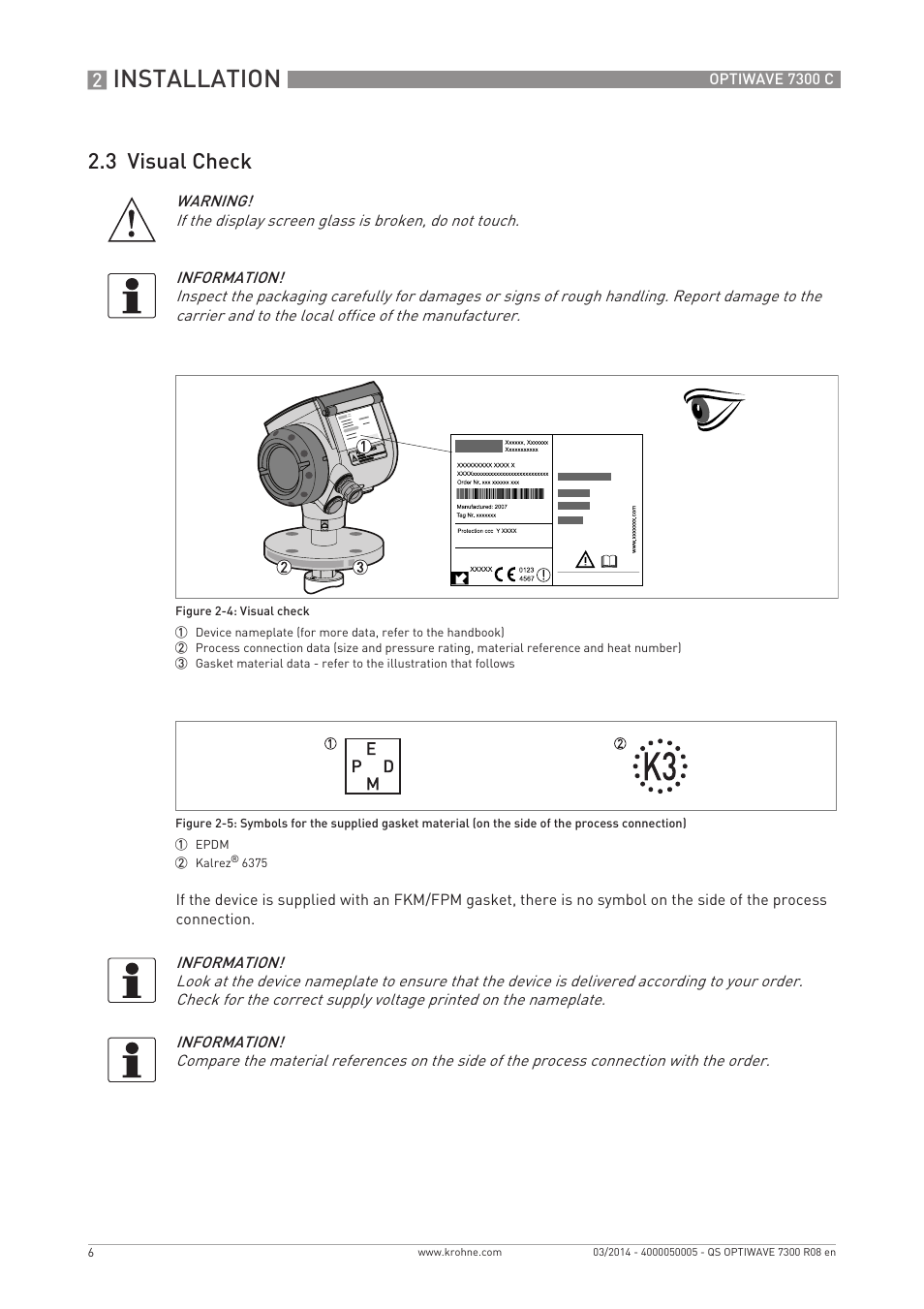 Installation, 3 visual check | KROHNE OPTIWAVE 7300C Quickstart EN User Manual | Page 6 / 32
