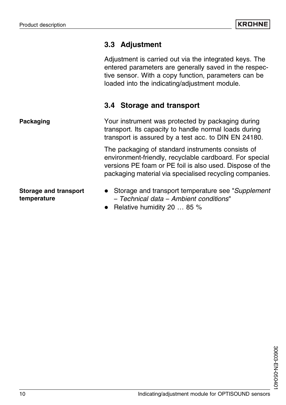 3 adjustment, 4 storage and transport | KROHNE OPTISOUND 3000 Series EN User Manual | Page 10 / 32