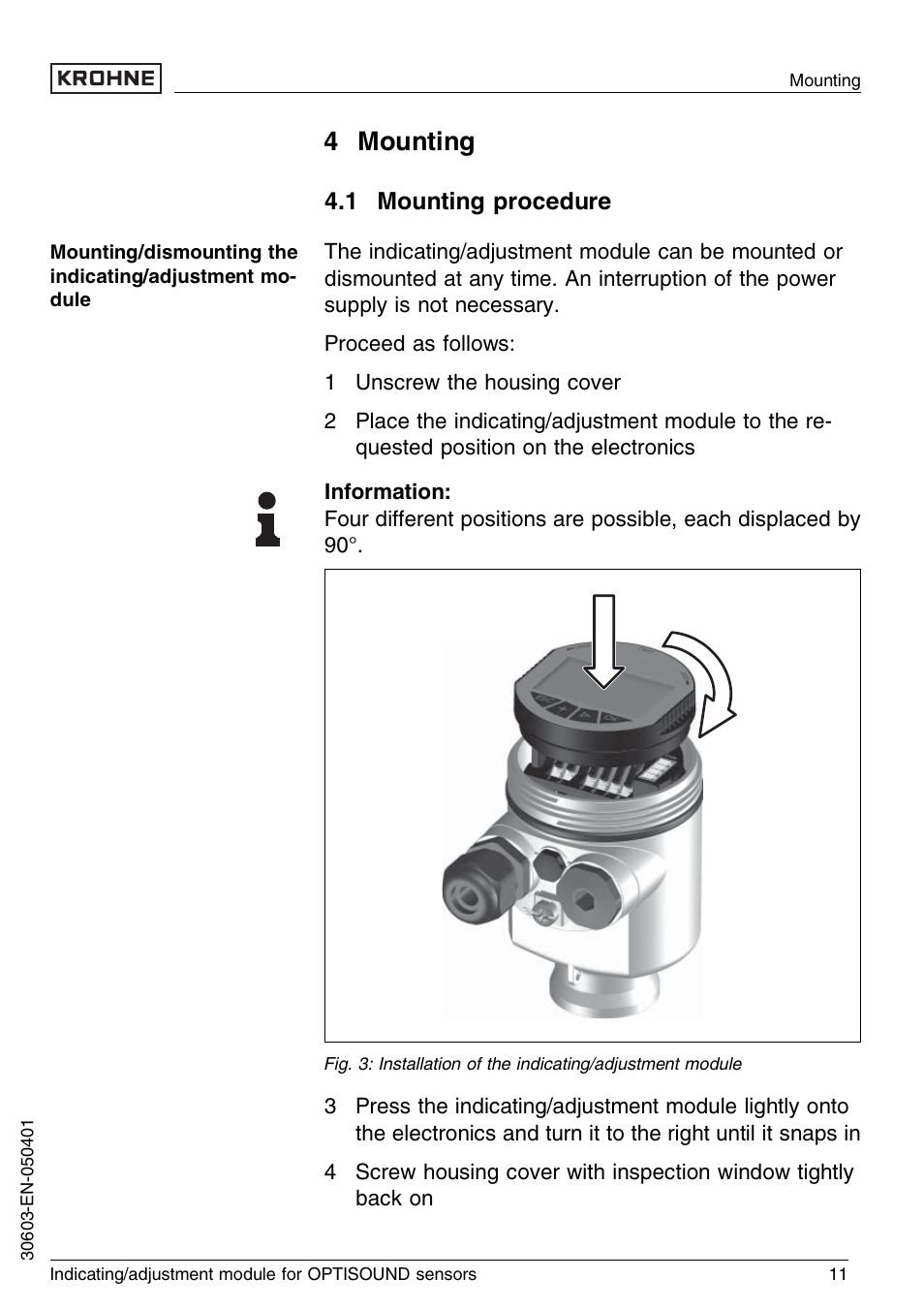 4 mounting, 1 mounting procedure | KROHNE OPTISOUND 3000 Series EN User Manual | Page 11 / 32