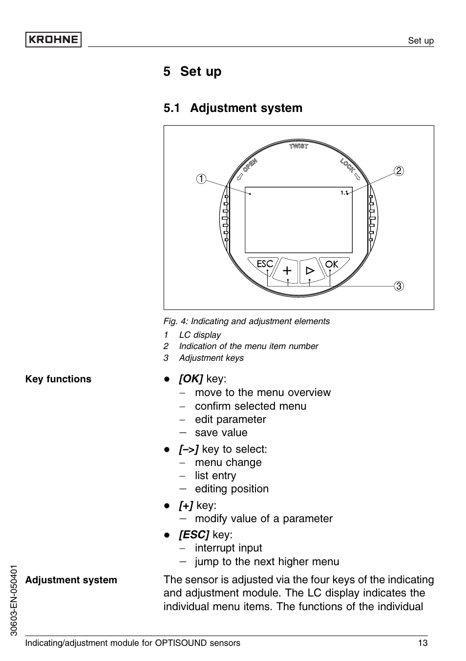 5 set up, 1 adjustment system | KROHNE OPTISOUND 3000 Series EN User Manual | Page 13 / 32
