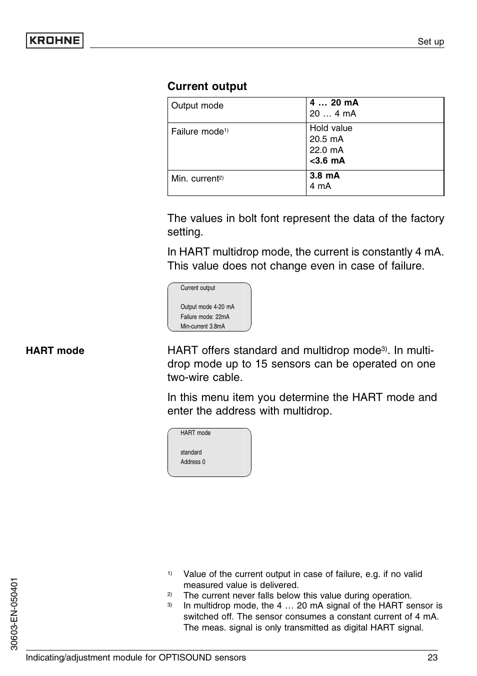 Current output, Hart oﬀers standard and multidrop mode | KROHNE OPTISOUND 3000 Series EN User Manual | Page 23 / 32