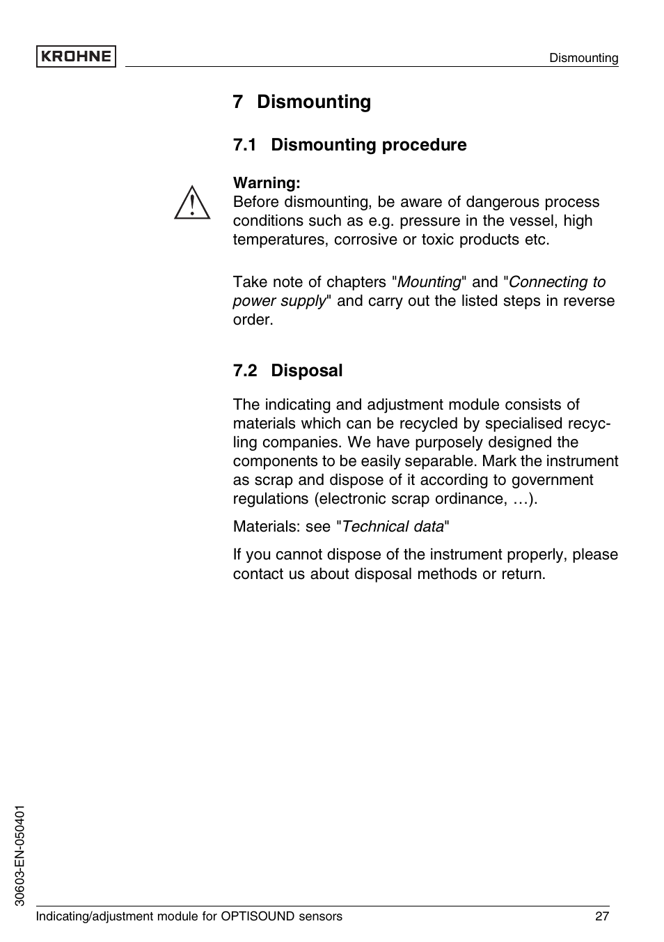 7 dismounting, 1 dismounting procedure, 2 disposal | KROHNE OPTISOUND 3000 Series EN User Manual | Page 27 / 32