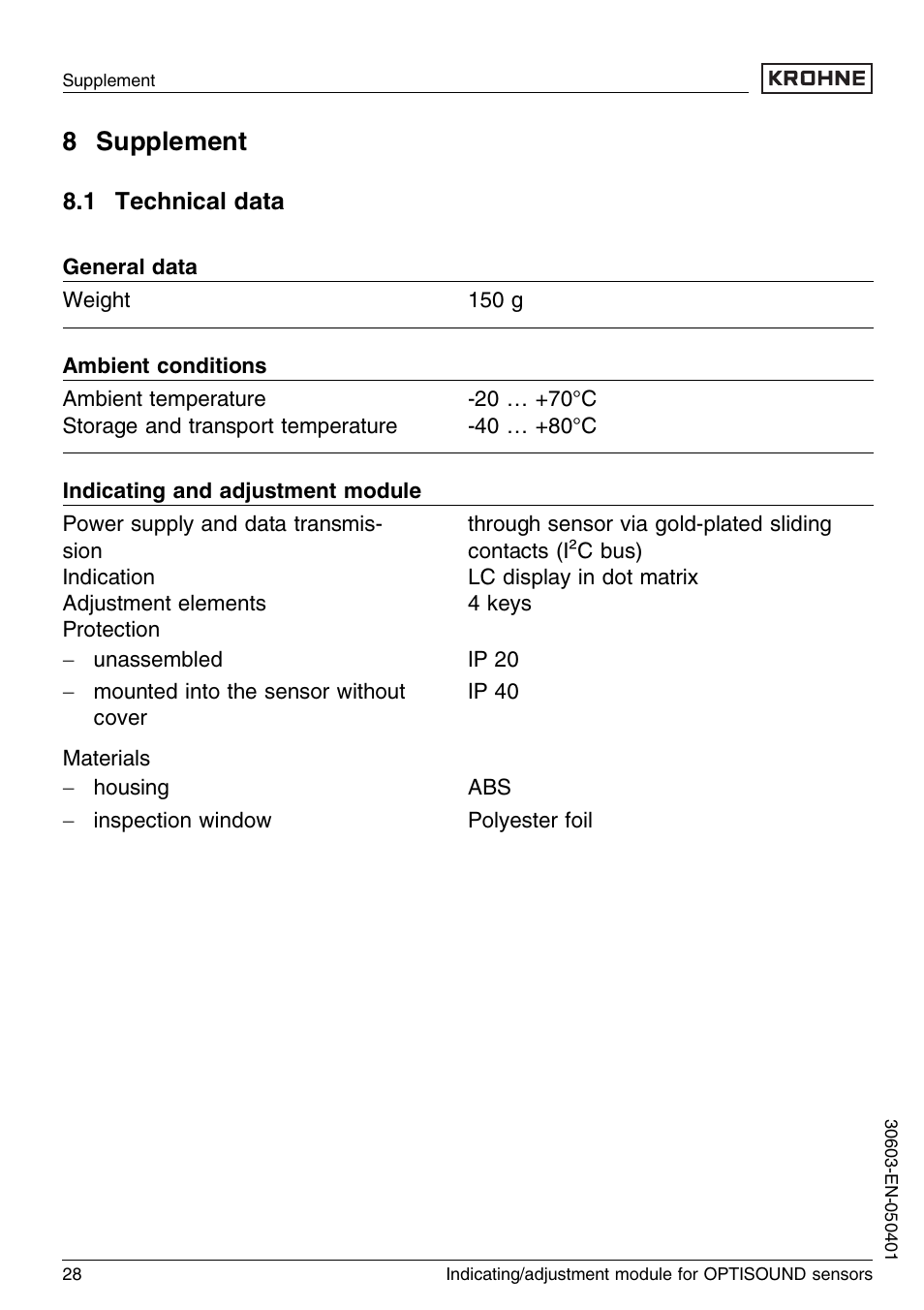 8 supplement, 1 technical data | KROHNE OPTISOUND 3000 Series EN User Manual | Page 28 / 32