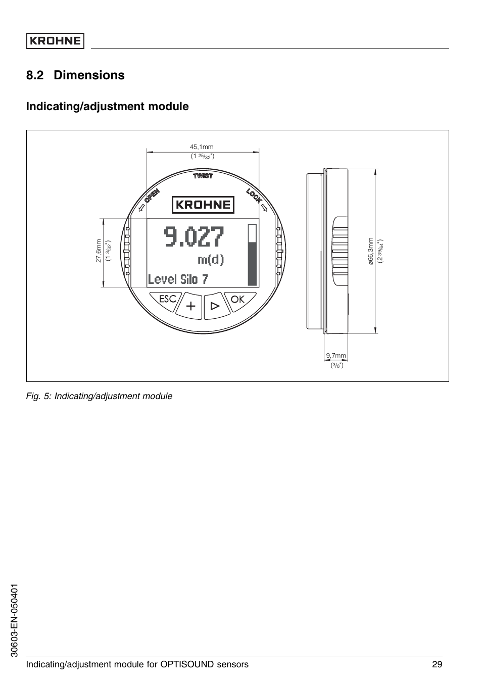 2 dimensions, Indicating/adjustment module | KROHNE OPTISOUND 3000 Series EN User Manual | Page 29 / 32