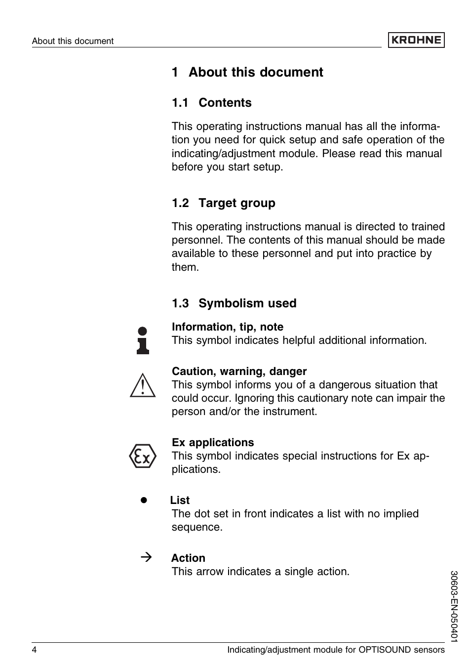 3 symbolism used, 2 target group, 1 contents | 1 about this document | KROHNE OPTISOUND 3000 Series EN User Manual | Page 4 / 32