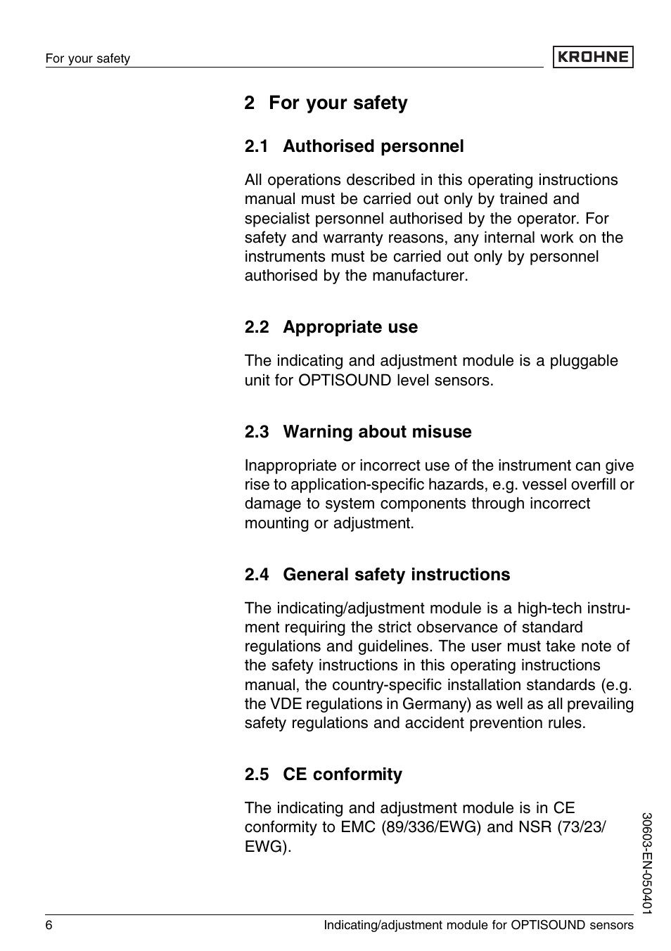 2 for your safety, 1 authorised personnel, 2 appropriate use | 3 warning about misuse, 4 general safety instructions, 5 ce conformity | KROHNE OPTISOUND 3000 Series EN User Manual | Page 6 / 32