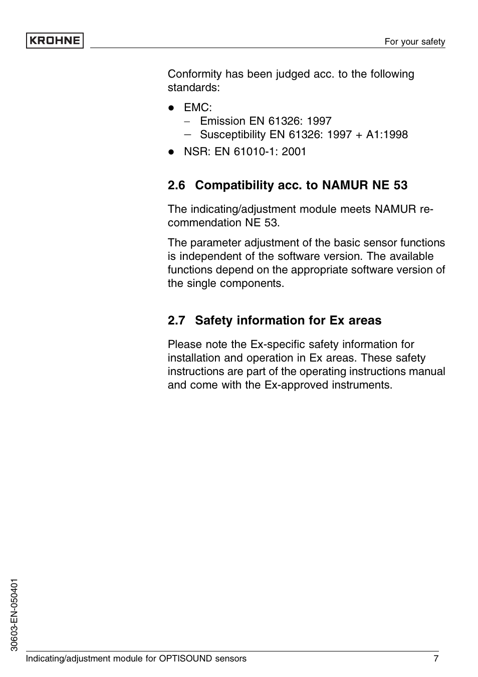 6 compatibility acc. to namur ne 53, 7 safety information for ex areas | KROHNE OPTISOUND 3000 Series EN User Manual | Page 7 / 32