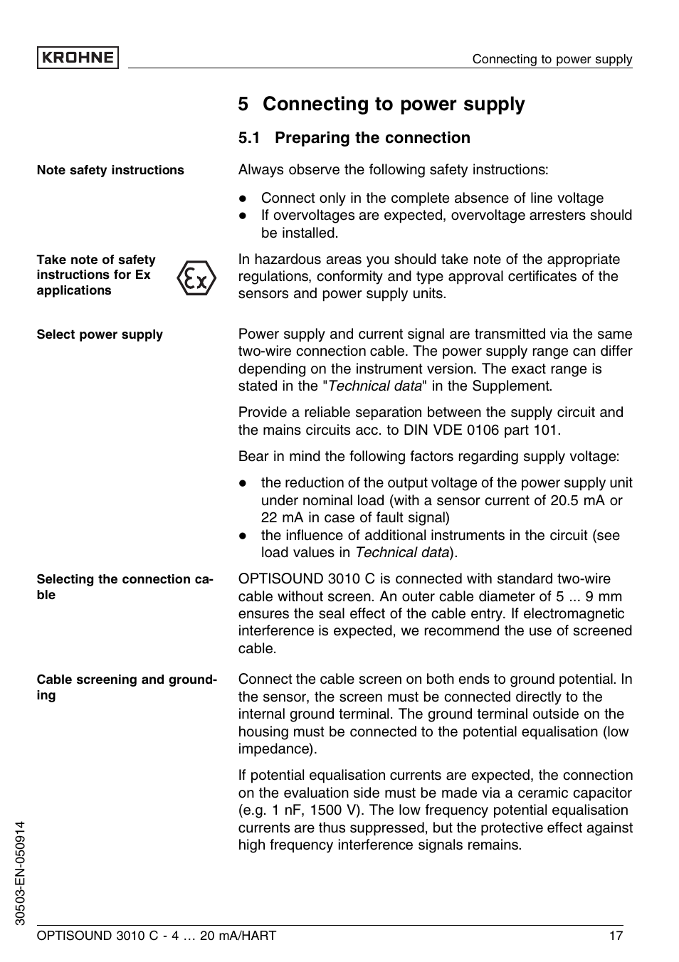 5 connecting to power supply, 1 preparing the connection | KROHNE OPTISOUND 3010C 2wire EN User Manual | Page 17 / 48