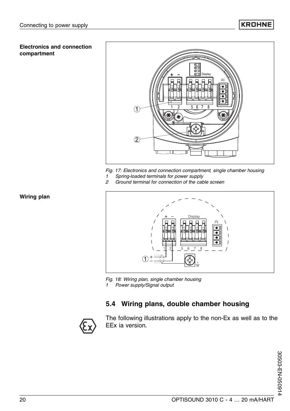 4 wiring plans, double chamber housing | KROHNE OPTISOUND 3010C 2wire EN User Manual | Page 20 / 48