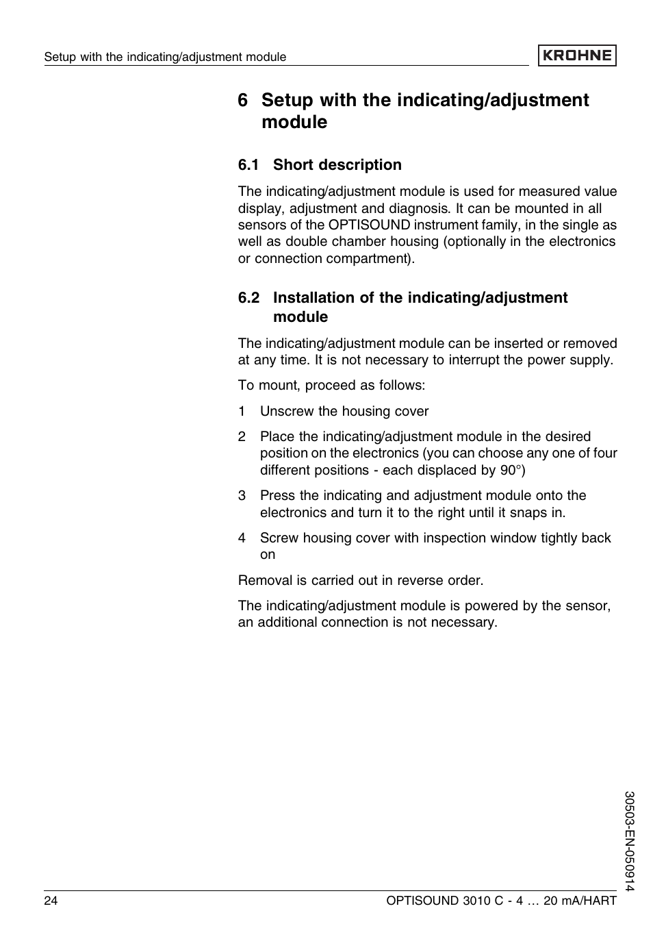 6 setup with the indicating/adjustment module, 1 short description, 2 installation of the indicating/adjustment module | KROHNE OPTISOUND 3010C 2wire EN User Manual | Page 24 / 48