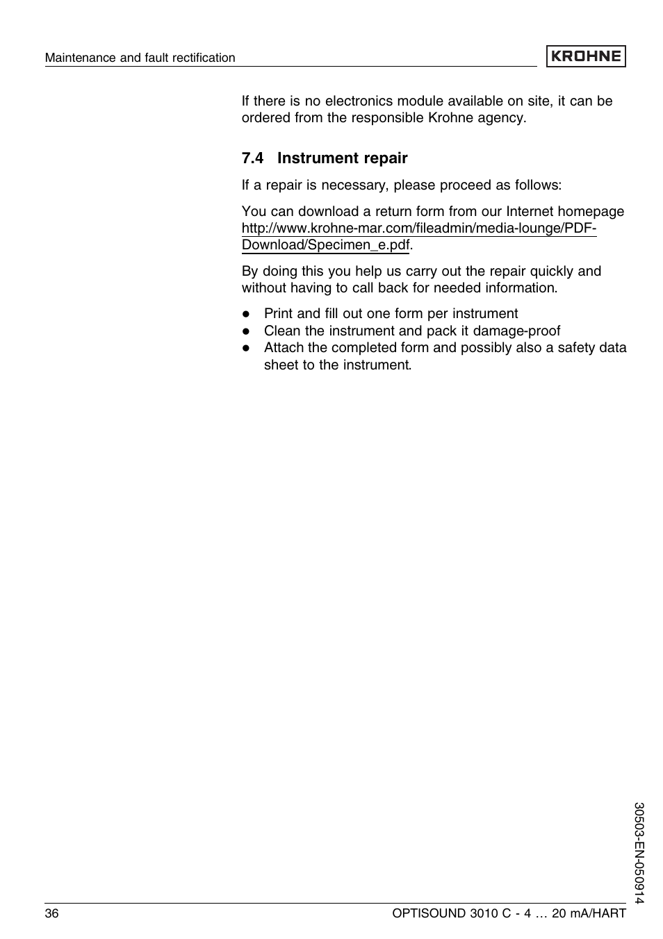 4 instrument repair | KROHNE OPTISOUND 3010C 2wire EN User Manual | Page 36 / 48