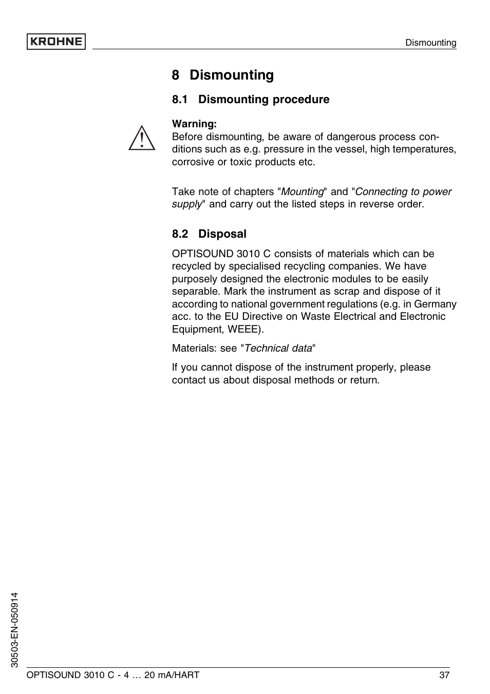 8 dismounting, 1 dismounting procedure, 2 disposal | KROHNE OPTISOUND 3010C 2wire EN User Manual | Page 37 / 48